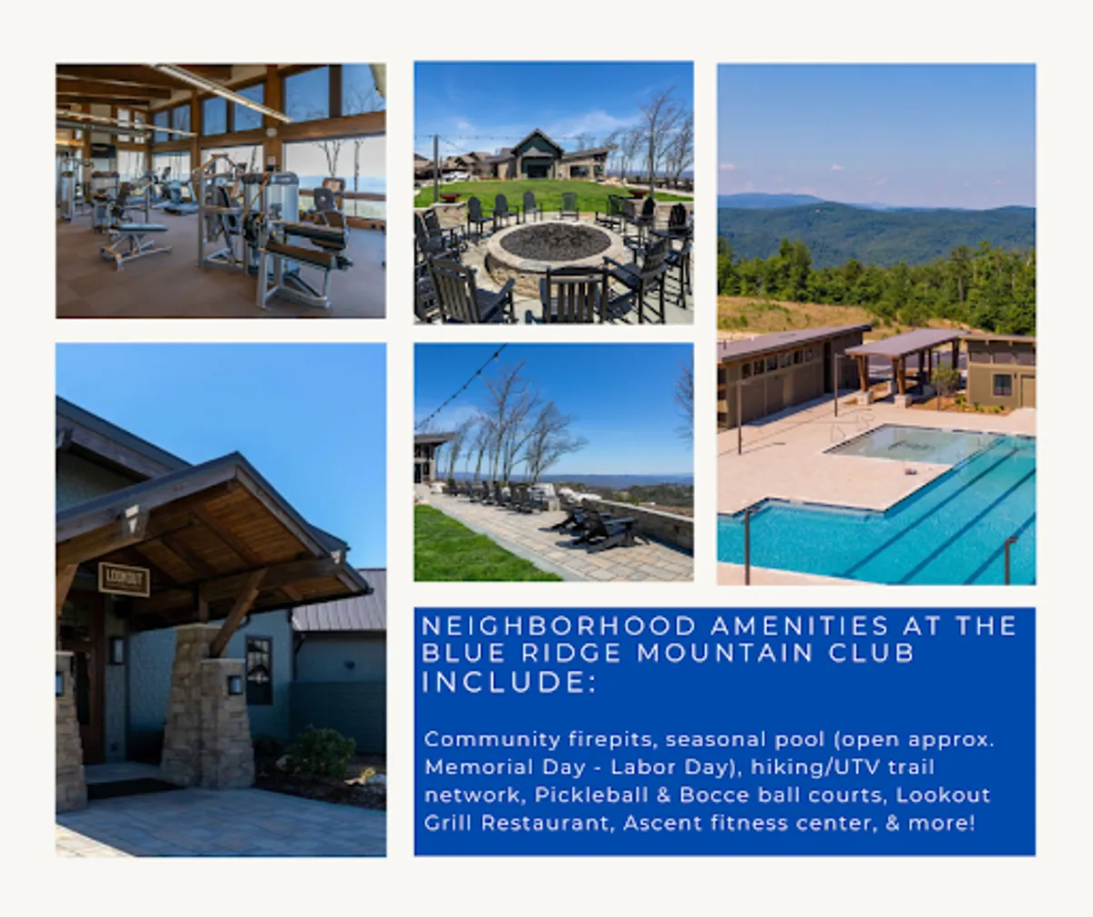 This exterior image captures several key resort-style amenities in one view: the wellness/fitness center, an inviting fire pit, the pool area, the restaurant entrance, and a backdrop of mountains. Activities like working out, socializing, swimming, dining, and playing courtside games are all suggested here, with a lively yet relaxed mood.